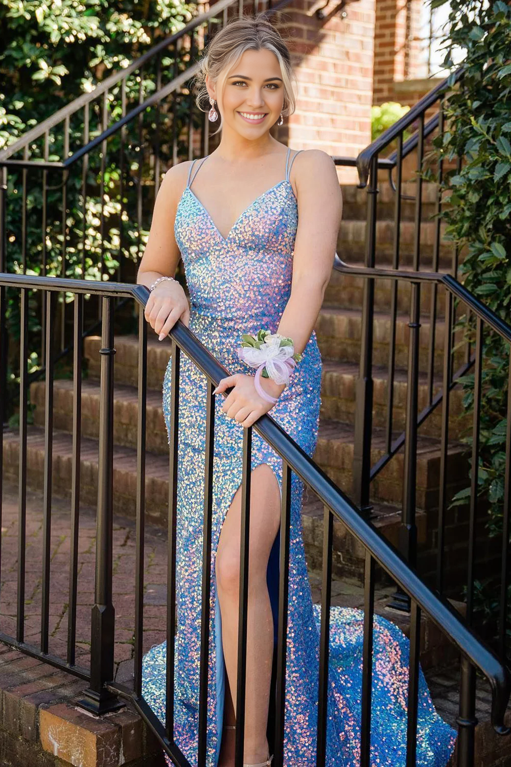 Mermaid Spaghetti Straps Light Blue Sequins Long formal dresses evening gown Prom Dress with Split Front